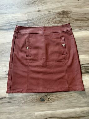 LOFT Brown Leather Midi Skirt – Size 6, Gold Button Pockets Women’s Skirts